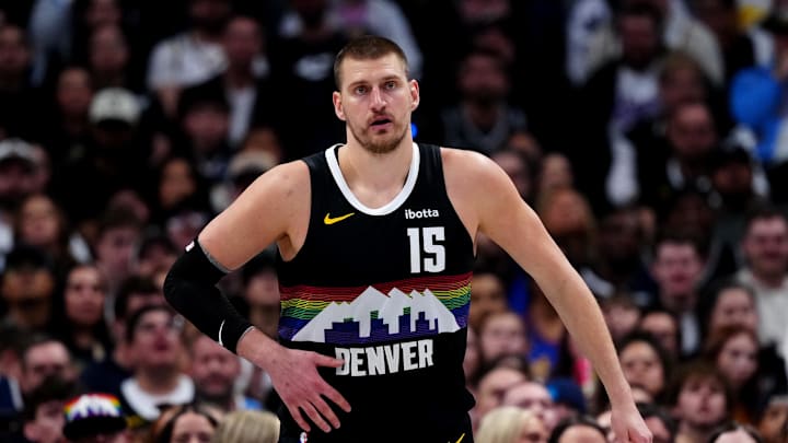 Apr 4, 2026; Denver, Colorado, USA; Denver Nuggets center Nikola Jokic (15) during the second quarter against the San Antonio Spurs at Ball Arena. Mandatory Credit: Ron Chenoy-Imagn Images