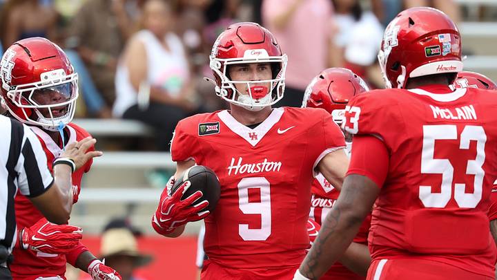 Sep 12, 2026; Houston, Texas, USA; Houston Cougars tight end Patrick Overmyer (9) celebrates with offensive lineman Ronnell McLain (53) after scoring a touchdown during the first quarter against the Southern University Jaguars at TDECU Stadium. Mandatory Credit: Troy Taormina-Imagn Images