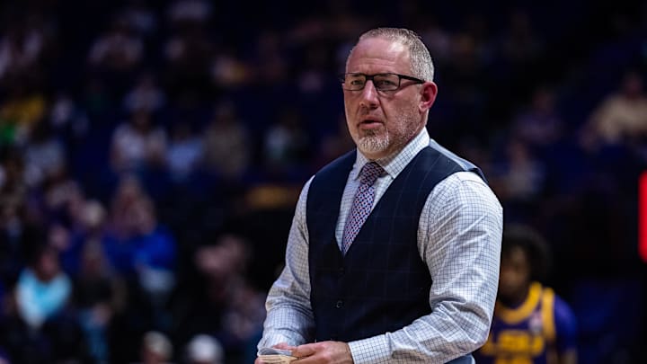 Mar 8, 2025; Baton Rouge, Louisiana, USA;  Texas A&M Aggies head coach Buzz Williams looks on against the LSU Tigers during the second half at Pete Maravich Assembly Center. Mandatory Credit: Stephen Lew-Imagn Images