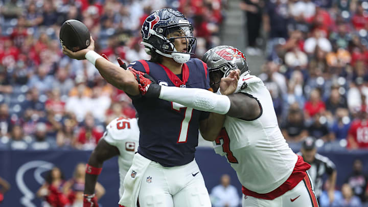 Nov 5, 2023; Houston, Texas, USA; Houston Texans quarterback C.J. Stroud (7) attempts a pass as
