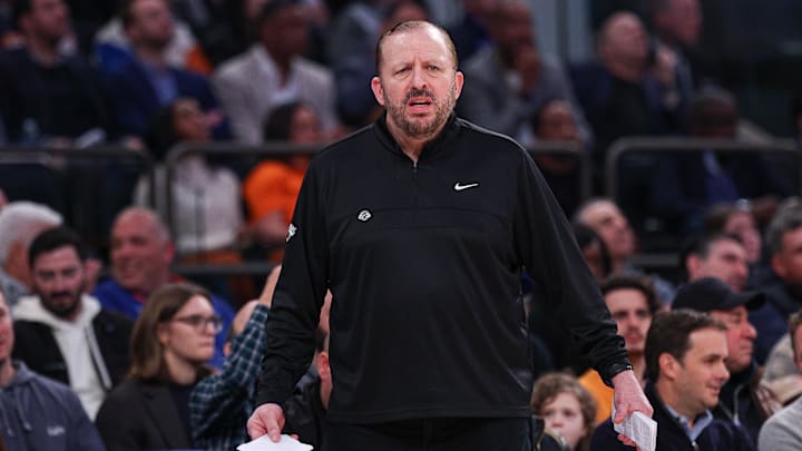 New York Knicks head coach Tom Thibodeau reacts during the first half against the Phoenix Suns at Madison Square Garden. Mandatory Credit: Vincent Carchietta-Imagn Images New York Knicks head coach Tom Thibodeau reacts during the first half against the Phoenix Suns at Madison Square Garden. Mandatory Credit: Vincent Carchietta-Imagn Images