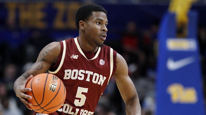 Mar 8, 2025; Pittsburgh, Pennsylvania, USA;  Boston College Eagles guard Fred Payne (5) dribbles the ball against the Pittsburgh Panthers during the second half at the Petersen Events Center. Mandatory Credit: Charles LeClaire-Imagn Images