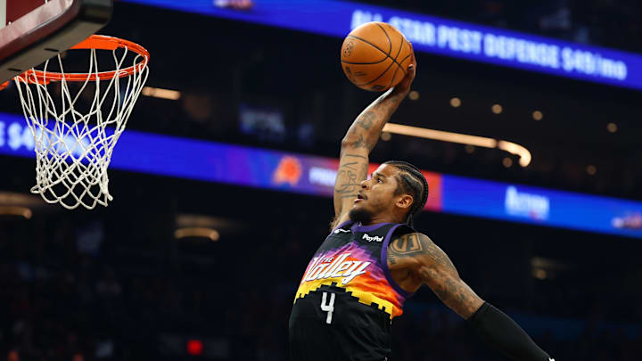 Feb 22, 2026; Phoenix, Arizona, USA; Phoenix Suns forward Jalen Green (4) slam dunks the ball against the Portland Trail Blazers in the first half at Mortgage Matchup Center. Mandatory Credit: Mark J. Rebilas-Imagn Images
