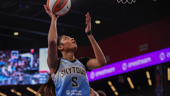 Jun 22, 2025; College Park, Georgia, USA; Chicago Sky forward Angel Reese (5) shoots against the Atlanta Dream in the second quarter at Gateway Center Arena at College Park. Mandatory Credit: Brett Davis-Imagn Images
