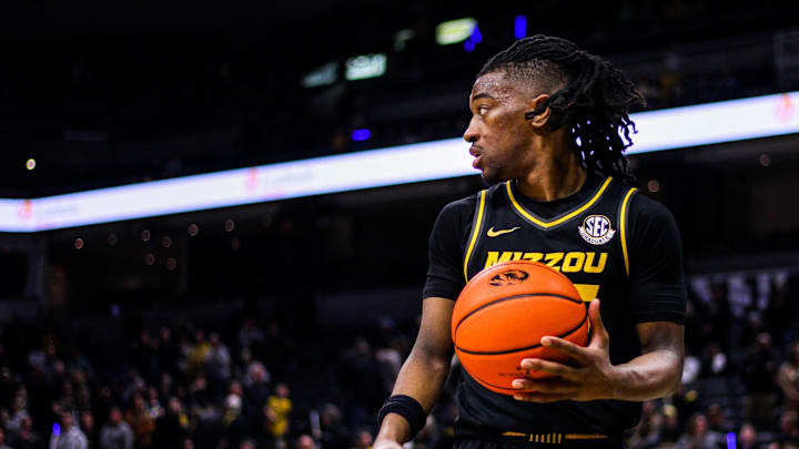 Missouri guard Sean East II looks to pass during a college basketball game against Ole Miss at Mizzou Arena on Mar. 2, 2024, in Columbia, Mo.