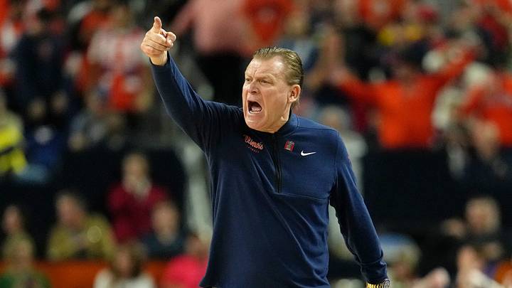 Apr 4, 2026; Indianapolis, IN, USA; Illinois Fighting Illini head coach Brad Underwood reacts after a play against the UConn Huskies during the first half of a semifinal of the Final Four of the men's 2026 NCAA Tournament at Lucas Oil Stadium. Mandatory Credit: Bob Donnan-Imagn Images Apr 4, 2026; Indianapolis, IN, USA; Illinois Fighting Illini head coach Brad Underwood reacts after a play against the UConn Huskies during the first half of a semifinal of the Final Four of the men's 2026 NCAA Tournament at Lucas Oil Stadium. Mandatory Credit: Bob Donnan-Imagn Images