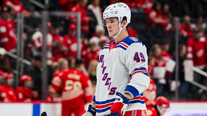 Nov 7, 2025; Detroit, Michigan, USA; New York Rangers right wing Jaroslav Chmelar (49) before the game against the Detroit Red Wings at Little Caesars Arena. Mandatory Credit: Tim Fuller-Imagn Images Nov 7, 2025; Detroit, Michigan, USA; New York Rangers right wing Jaroslav Chmelar (49) before the game against the Detroit Red Wings at Little Caesars Arena. Mandatory Credit: Tim Fuller-Imagn Images