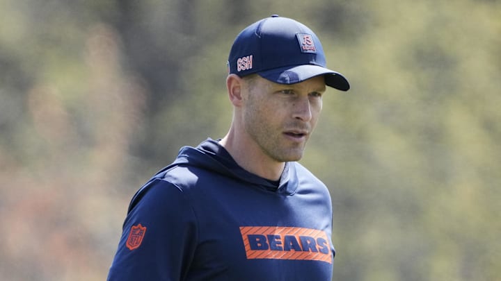May 10, 2025; Lake Forest, IL, USA; Chicago Bears head coach Ben Johnson walks the field during rookie minicamp at Halas Hall. Mandatory Credit: David Banks-Imagn Images