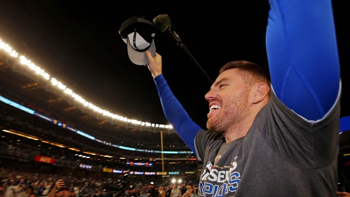 Los Angeles Dodgers first baseman Freddie Freeman (5) celebrates after the Los Angeles Dodgers beat the New York Yankees in game four to win the 2024 MLB World Series at Yankee Stadium. Los Angeles Dodgers first baseman Freddie Freeman (5) celebrates after the Los Angeles Dodgers beat the New York Yankees in game four to win the 2024 MLB World Series at Yankee Stadium.