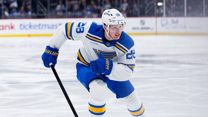 Jan 20, 2026; Winnipeg, Manitoba, CAN; St. Louis Blues forward Otto Stenberg (28) skates into the Winnipeg Jets zone during the first period at Canada Life Centre. Mandatory Credit: Terrence Lee-Imagn Images Jan 20, 2026; Winnipeg, Manitoba, CAN; St. Louis Blues forward Otto Stenberg (28) skates into the Winnipeg Jets zone during the first period at Canada Life Centre. Mandatory Credit: Terrence Lee-Imagn Images