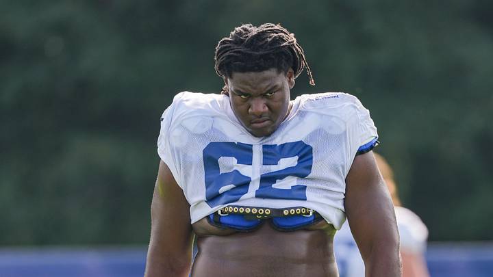 Indianapolis Colts guard Jalen Farmer (62) walks on the field Monday, Aug. 3, 2026, during practice at Colts Camp at Grand Park in Westfield. Indianapolis Colts guard Jalen Farmer (62) walks on the field Monday, Aug. 3, 2026, during practice at Colts Camp at Grand Park in Westfield.
