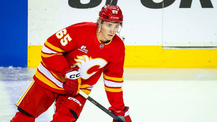 Sep 23, 2025; Calgary, Alberta, CAN; Calgary Flames left wing William Stromgren (65) skates during the warmup period against the Seattle Kraken at Scotiabank Saddledome. Mandatory Credit: Sergei Belski-Imagn Images
