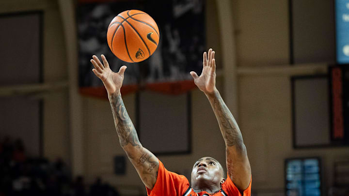 Oregon State guard Damarco Minor drags in a rebound as the Oregon State Beavers host the Oregon Ducks Thursday, Nov. 21, 2024 at Gill Coliseum in Corvallis, Ore.