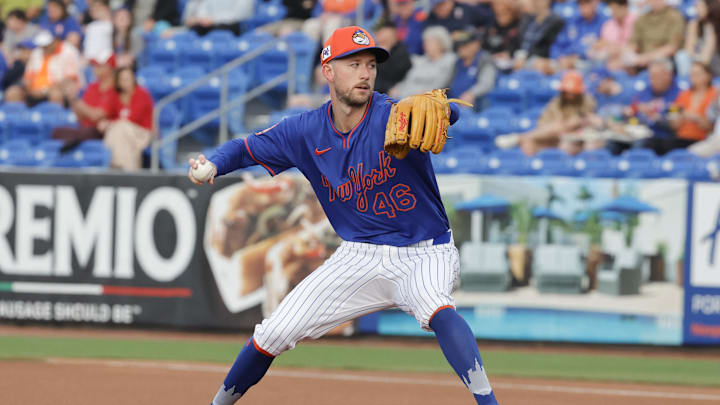 Mar 10, 2025; Port St. Lucie, Florida, USA;  New York Mets pitcher Griffin Canning (46) throws a pitch first inning against the St. Louis Cardinals at Clover Park. Mandatory Credit: Reinhold Matay-Imagn Images