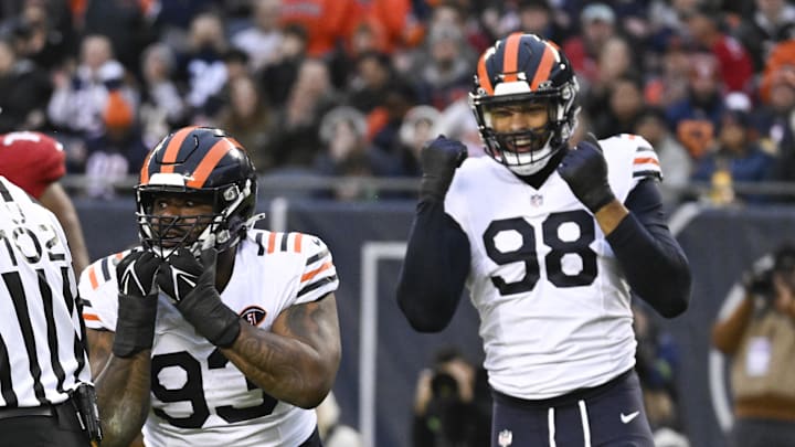 Dec 24, 2023; Chicago, Illinois, USA; Chicago Bears defensive tackle Justin Jones (93) and Chicago Bears defensive end Montez Sweat (98) signal after Arizona Cardinals quarterback Kyler Murray (1) was sacked by Jones during the first half at Soldier Field. Mandatory Credit: Matt Marton-Imagn Images Dec 24, 2023; Chicago, Illinois, USA; Chicago Bears defensive tackle Justin Jones (93) and Chicago Bears defensive end Montez Sweat (98) signal after Arizona Cardinals quarterback Kyler Murray (1) was sacked by Jones during the first half at Soldier Field. Mandatory Credit: Matt Marton-Imagn Images