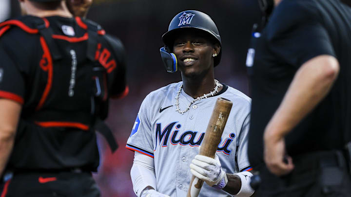 Jul 12, 2024; Cincinnati, Ohio, USA; Miami Marlins outfielder Jazz Chisholm Jr. (2) during the fifth inning against the Cincinnati Reds at Great American Ball Park.