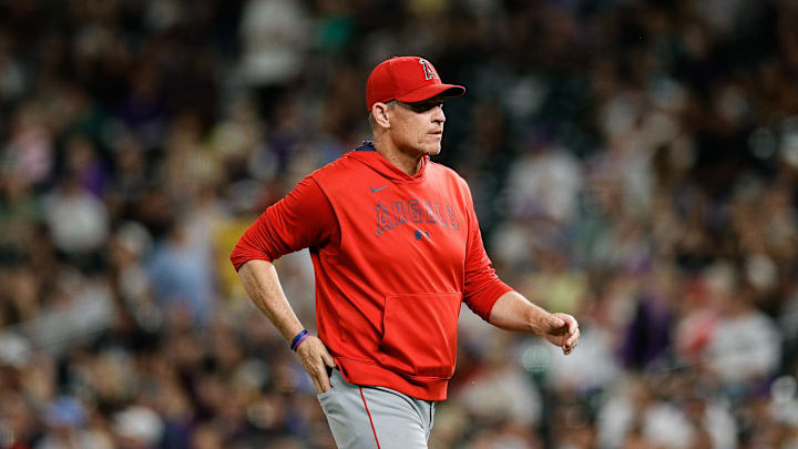 Sep 19, 2025; Denver, Colorado, USA; Los Angeles Angels interim manager Ray Montgomery (81) walks to the dugout after making a pitching change in the fifth inning against the Colorado Rockies at Coors Field. Mandatory Credit: Isaiah J. Downing-Imagn Images