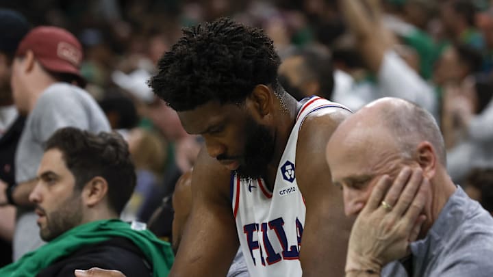 May 14, 2023; Boston, Massachusetts, USA; Philadelphia 76ers center Joel Embiid (21) sits on the bench during the final moments of their loss to the Boston Celtics in game seven of the 2023 NBA playoffs at TD Garden. Mandatory Credit: Winslow Townson-Imagn Images