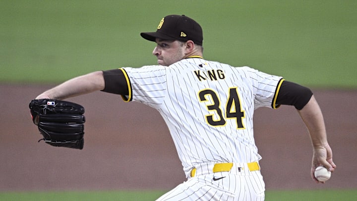 Sep 17, 2024; San Diego, California, USA; San Diego Padres starting pitcher Michael King (34) pitches against the Houston Astros during the first inning at Petco Park. 