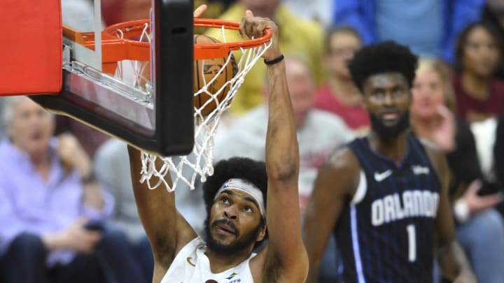 Apr 20, 2024; Cleveland, Ohio, USA; Cleveland Cavaliers center Jarrett Allen (31) dunks in the third