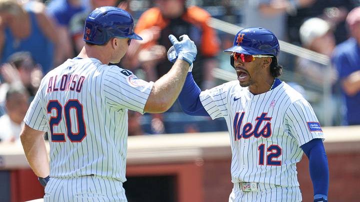 May 11, 2025; New York City, New York, USA; New York Mets shortstop Francisco Lindor (12) celebrates with first baseman Pete Alonso (20) after hitting a solo home run during the eighth inning against the Chicago Cubs at Citi Field. Mandatory Credit: Vincent Carchietta-Imagn Images May 11, 2025; New York City, New York, USA; New York Mets shortstop Francisco Lindor (12) celebrates with first baseman Pete Alonso (20) after hitting a solo home run during the eighth inning against the Chicago Cubs at Citi Field. Mandatory Credit: Vincent Carchietta-Imagn Images