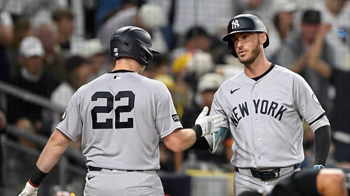 Sep 4, 2026; San Diego, California, USA; New York Yankees designated hitter Ben Rice (22) is congratulated by left fielder Cody Bellinger (35) after hitting a solo home run during the third inning against the San Diego Padres at Petco Park. Mandatory Credit: Denis Poroy-Imagn Images Sep 4, 2026; San Diego, California, USA; New York Yankees designated hitter Ben Rice (22) is congratulated by left fielder Cody Bellinger (35) after hitting a solo home run during the third inning against the San Diego Padres at Petco Park. Mandatory Credit: Denis Poroy-Imagn Images
