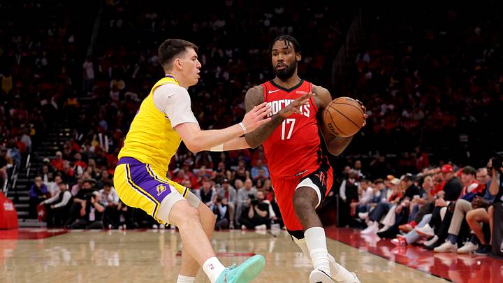 May 1, 2026; Houston, Texas, USA; Houston Rockets forward Tari Eason (17) handles the ball against Los Angeles Lakers forward Jake LaRavia (12) during the second quarter of game six of the first round of the 2026 NBA Playoffs at Toyota Center. Mandatory Credit: Erik Williams-Imagn Images May 1, 2026; Houston, Texas, USA; Houston Rockets forward Tari Eason (17) handles the ball against Los Angeles Lakers forward Jake LaRavia (12) during the second quarter of game six of the first round of the 2026 NBA Playoffs at Toyota Center. Mandatory Credit: Erik Williams-Imagn Images