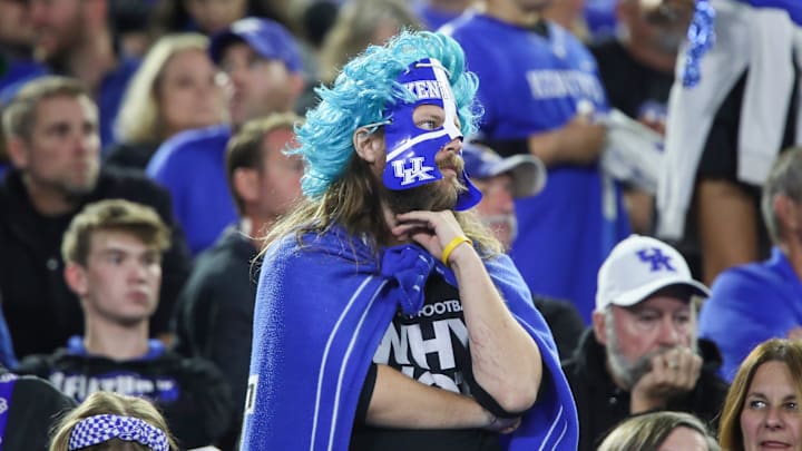 A Kentucky fan watches as the Wildcats fall to visiting Vanderbilt 20-13 at Kroger Field Saturday, Oct. 12, 2024 in Lexington, Ky. The Wildcats are now 3-3 so far in the season.