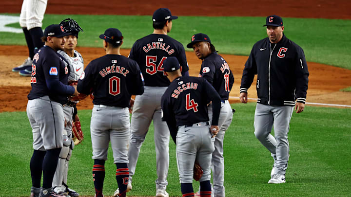 Oct 14, 2024; Bronx, New York, USA; Cleveland Guardians manger Stephen Vogt walks to the mound to to relieve pitcher Joey Cantillo (54) during the fourth inning against the New York Yankees in game one of the ALCS for the 2024 MLB Playoffs at Yankee Stadium. Mandatory Credit: Vincent Carchietta-Imagn Images