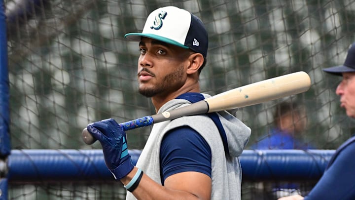 Apr 5, 2024; Milwaukee, Wisconsin, USA; Seattle Mariners center fielder Julio Rodriguez (44) gets