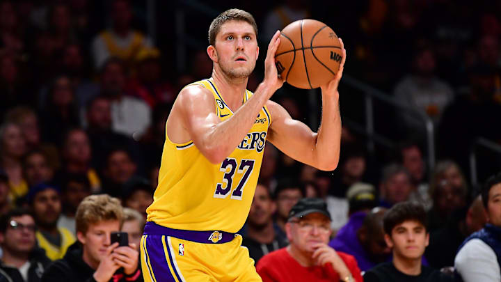 Nov 2, 2022; Los Angeles, California, USA; Los Angeles Lakers forward Matt Ryan (37) shoots against the New Orleans Pelicans during the first half at Crypto.com Arena. Mandatory Credit: Gary A. Vasquez-Imagn Images