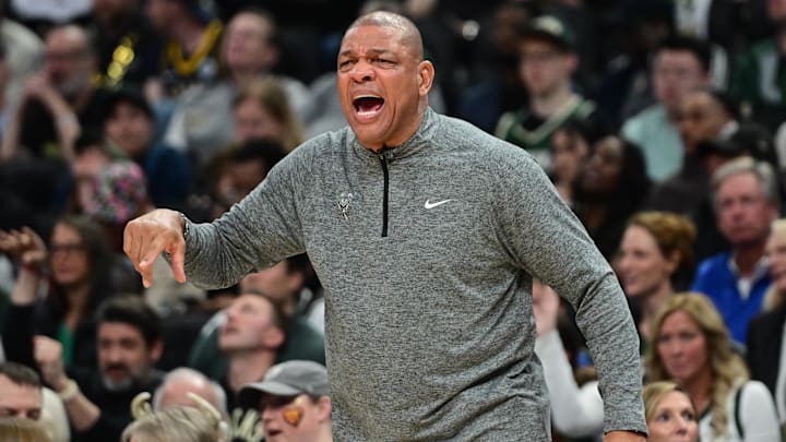 Apr 27, 2025; Milwaukee, Wisconsin, USA; Milwaukee Bucks head coach Doc Rivers reacts in the third quarter against the Indiana Pacers during game four of first round for the 2024 NBA Playoffs at Fiserv Forum. Mandatory Credit: Benny Sieu-Imagn Images