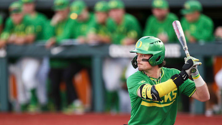 Oregon outfielder Mason Neville (26) prepares to bat during the game against Oregon State on Tuesday, April 29, 2025 at Goss Stadium in Corvallis, Ore.