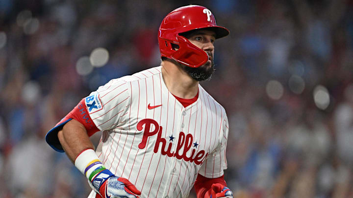Sep 23, 2025; Philadelphia, Pennsylvania, USA; Philadelphia Phillies outfielder Kyle Schwarber (12) watches his home run during the first inning against the Miami Marlins at Citizens Bank Park. Mandatory Credit: Eric Hartline-Imagn Images Sep 23, 2025; Philadelphia, Pennsylvania, USA; Philadelphia Phillies outfielder Kyle Schwarber (12) watches his home run during the first inning against the Miami Marlins at Citizens Bank Park. Mandatory Credit: Eric Hartline-Imagn Images