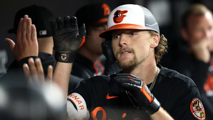 Apr 11, 2026; Baltimore, Maryland, USA; Baltimore Orioles shortstop Gunnar Henderson (2) celebrates after hitting a home run during the third inning against the San Francisco Giants at Oriole Park at Camden Yards. Mandatory Credit: Daniel Kucin Jr.-Imagn Images