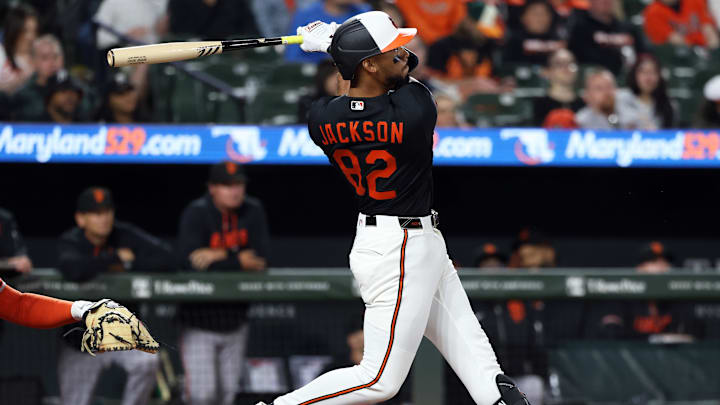 Apr 11, 2026; Baltimore, Maryland, USA; Baltimore Orioles second baseman Jeremiah Jackson (82) hits a home run during the seventh inning against the San Francisco Giants at Oriole Park at Camden Yards. Mandatory Credit: Daniel Kucin Jr.-Imagn Images