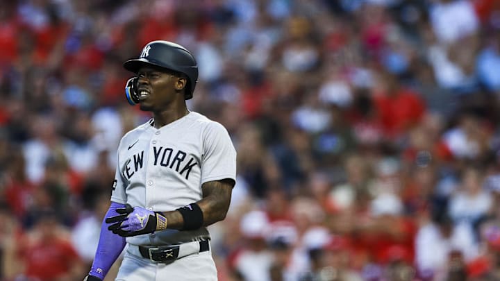Jun 23, 2025; Cincinnati, Ohio, USA; New York Yankees third baseman Jazz Chisholm Jr. (13) reacts after a play in the sixth inning against the Cincinnati Reds at Great American Ball Park. Mandatory Credit: Katie Stratman-Imagn Images