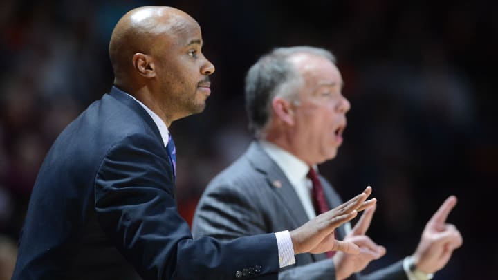 Mar 4, 2020; Blacksburg, Virginia, USA; Virginia Tech Hokies assistant coach Chester Frazier calls Mar 4, 2020; Blacksburg, Virginia, USA; Virginia Tech Hokies assistant coach Chester Frazier calls