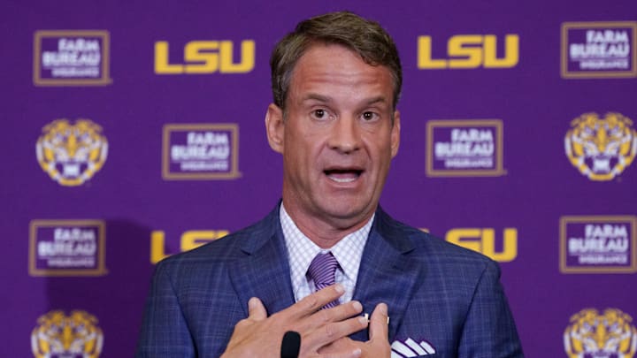 LSU new head coach Lane Kiffin speaks at South Stadium Club at Tiger Stadium.