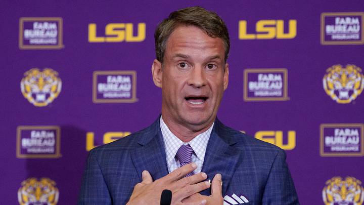 Dec 1, 2025; Baton Rouge, LA, USA; LSU new head coach Lane Kiffin speaks at South Stadium Club at Tiger Stadium. Mandatory Credit: Matthew Hinton-Imagn Images