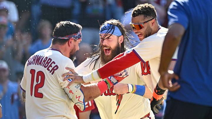 Aug 23, 2026; Philadelphia, Pennsylvania, USA; Philadelphia Phillies designated hitter Kyle Schwarber (12) celebrates his walk-off two-run home run with left fielder Brandon Marsh (16) and center fielder Justin Crawford (2) against the St. Louis Cardinals during the ninth inning at Citizens Bank Park. Mandatory Credit: Eric Hartline-Imagn Images Aug 23, 2026; Philadelphia, Pennsylvania, USA; Philadelphia Phillies designated hitter Kyle Schwarber (12) celebrates his walk-off two-run home run with left fielder Brandon Marsh (16) and center fielder Justin Crawford (2) against the St. Louis Cardinals during the ninth inning at Citizens Bank Park. Mandatory Credit: Eric Hartline-Imagn Images