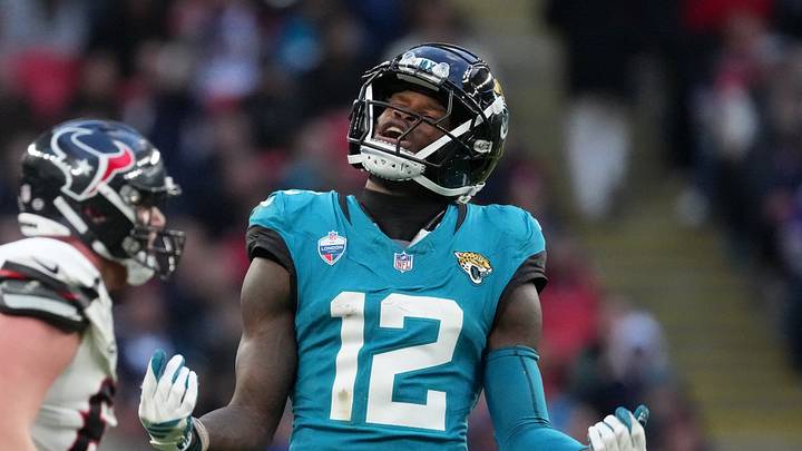 Oct 18, 2026; London, ENG; Jacksonville Jaguars wide receiver Travis Hunter (12) reacts during the second half against the Houston Texans at Wembley Stadium. Mandatory Credit: Kirby Lee-Imagn Images Oct 18, 2026; London, ENG; Jacksonville Jaguars wide receiver Travis Hunter (12) reacts during the second half against the Houston Texans at Wembley Stadium. Mandatory Credit: Kirby Lee-Imagn Images