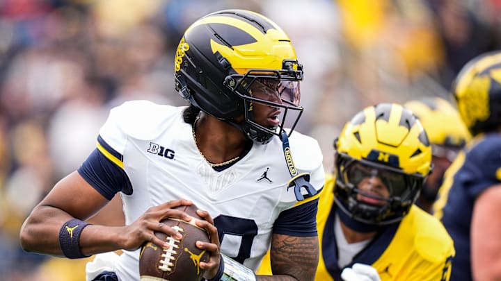 Michigan quarterback Bryce Underwood (19) looks to pass the ball during the spring game at Michigan Stadium in Ann Arbor on Saturday, April 18, 2026.
