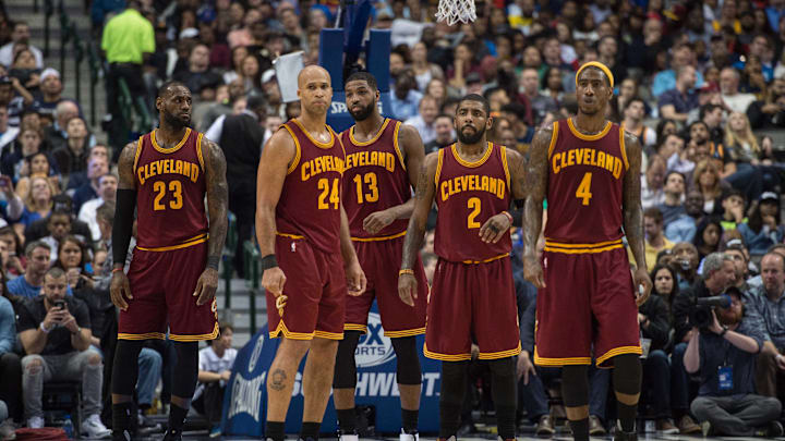 Jan 30, 2017; Dallas, TX, USA; Cleveland Cavaliers forward LeBron James (23) and forward Richard Jefferson (24) and center Tristan Thompson (13) and guard Kyrie Irving (2) and guard Iman Shumpert (4) in action against the Dallas Mavericks during the game at the American Airlines Center. The Mavericks defeat the Cavaliers 104-97. Mandatory Credit: Jerome Miron-Imagn Images