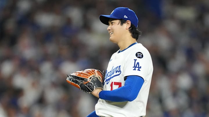 Oct 17, 2025; Los Angeles, California, USA; Los Angeles Dodgers two-way player Shohei Ohtani (17) reacts in the seventh inning against the Milwaukee Brewers during game four of the NLCS round for the 2025 MLB playoffs at Dodger Stadium. Mandatory Credit: Kirby Lee-Imagn Images Oct 17, 2025; Los Angeles, California, USA; Los Angeles Dodgers two-way player Shohei Ohtani (17) reacts in the seventh inning against the Milwaukee Brewers during game four of the NLCS round for the 2025 MLB playoffs at Dodger Stadium. Mandatory Credit: Kirby Lee-Imagn Images