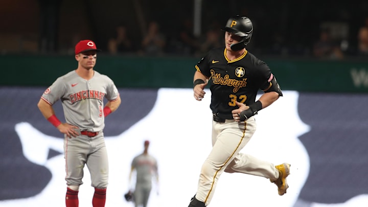 Aug 7, 2025; Pittsburgh, Pennsylvania, USA;  Pittsburgh Pirates catcher Henry Davis (32) circles the bases on a two run home run against the Cincinnati Reds during the seventh inning at PNC Park. Mandatory Credit: Charles LeClaire-Imagn Images