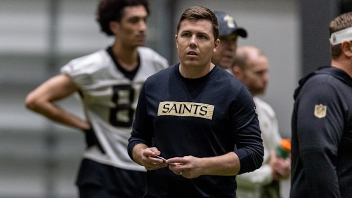 May 10, 2025; New Orleans, LA, USA;  New Orleans Saints head coach Kellen Moore during rookie minicamp at Ochsner Sports Performance Center. Mandatory Credit: Stephen Lew-Imagn Images