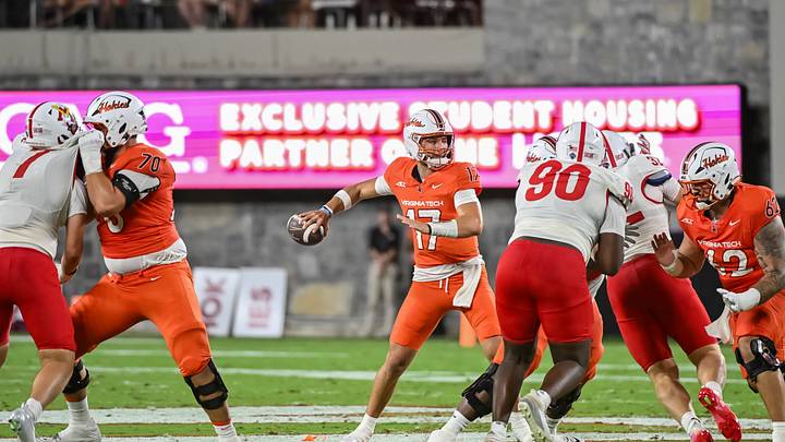 Sep 5, 2026; Blacksburg, Virginia, USA;  Virginia Tech Hokies quarterback Ethan Grunkemeyer (17) looks to pass against the VMI Keydets during the second quarter at Lane Stadium.  Mandatory Credit: Brian Bishop-Imagn Images