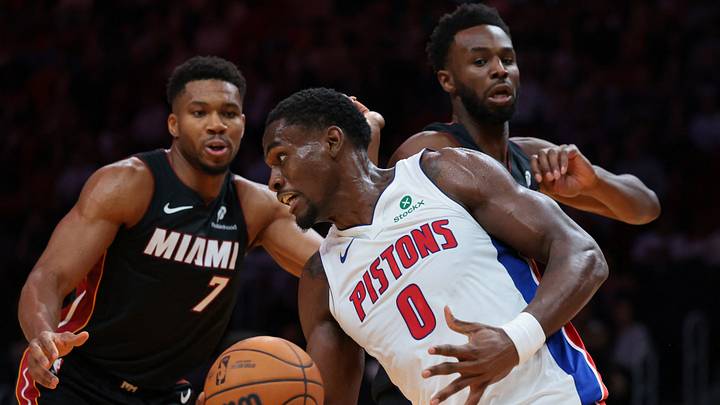 Oct 23, 2026; Miami, Florida, USA; Detroit Pistons center Jalen Duren (0) collects a rebound against the Miami Heat during the first quarter at Kaseya Center. Mandatory Credit: Sam Navarro-Imagn Images Oct 23, 2026; Miami, Florida, USA; Detroit Pistons center Jalen Duren (0) collects a rebound against the Miami Heat during the first quarter at Kaseya Center. Mandatory Credit: Sam Navarro-Imagn Images