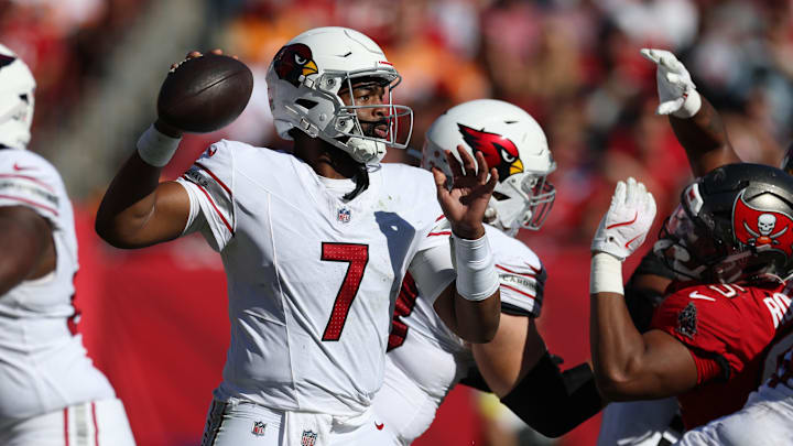 Nov 30, 2025; Tampa, Florida, USA; Arizona Cardinals quarterback Jacoby Brissett (7) throws during the first half against the Tampa Bay Buccaneers at Raymond James Stadium. Mandatory Credit: Nathan Ray Seebeck-Imagn Images